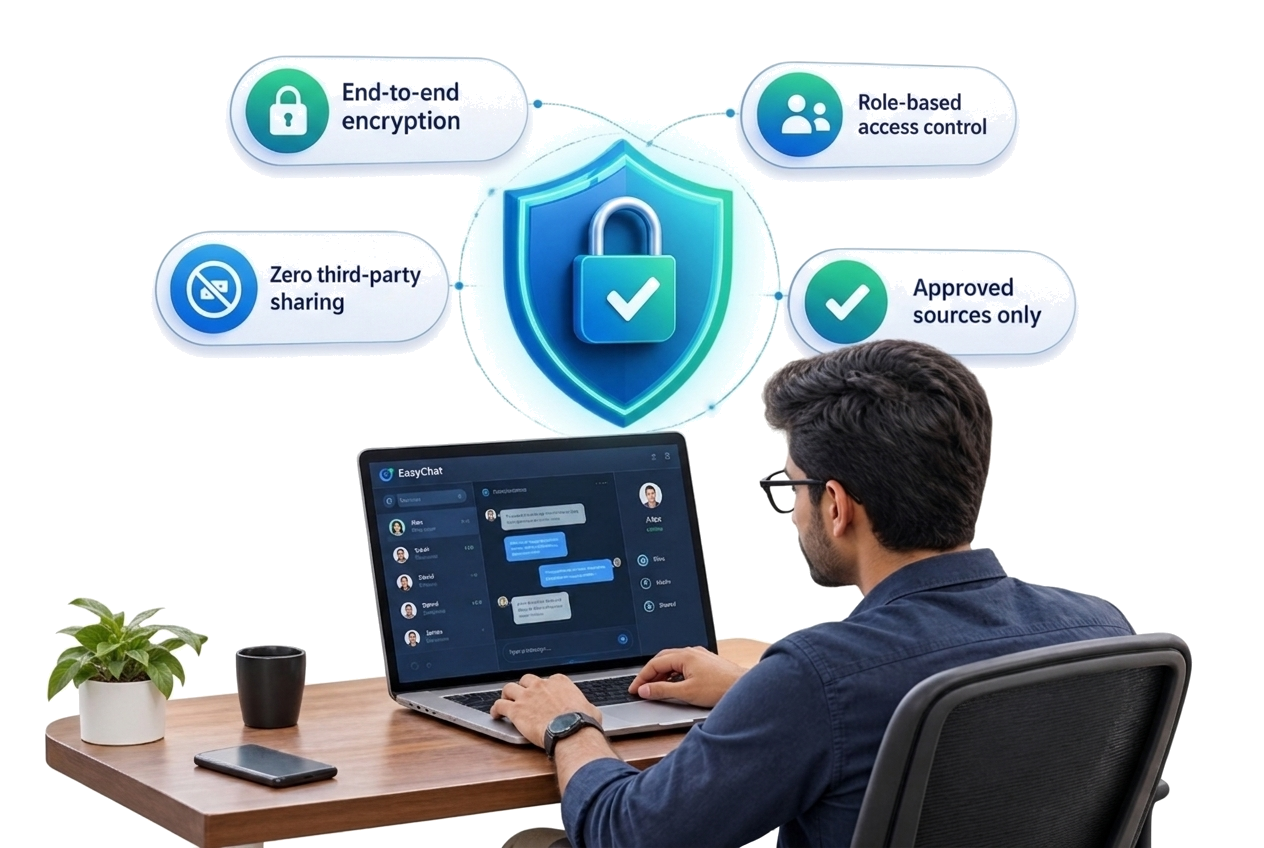Keep your data safe with EasyChat Security showing enterprise-grade privacy, end-to-end encryption, and role-based access